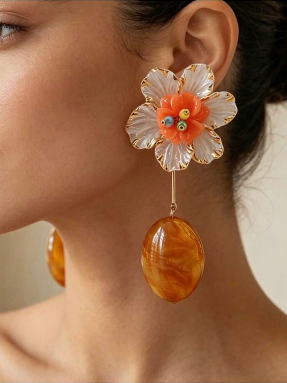 Floral Drop Earrings with Amber Resin Pendant - Gold Trim - Women Jewelry